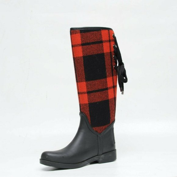 Coach Tristee Rain Boots Red Black Buffalo Plaid Tartan Womens 6B Lace Up Rubber - Picture 3 of 9